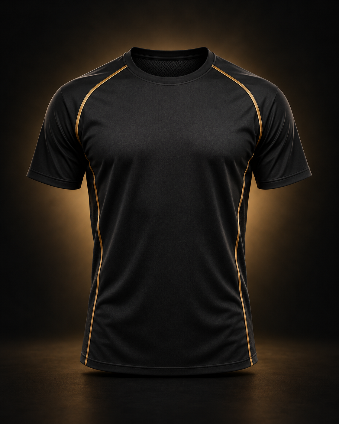Concepto visual de camiseta deportiva negra con detalles bronce
