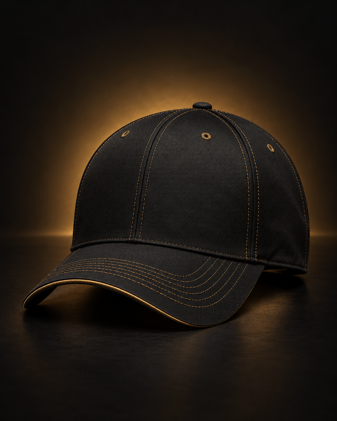 Concepto visual de gorra negra con costuras bronce