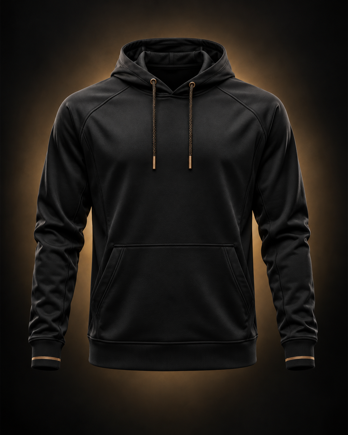Concepto visual de hoodie deportivo negro con acentos bronce